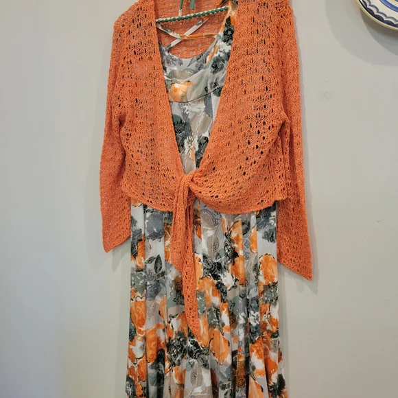 Marallis Canada Orange Floral Fashion Midi Dress With Matching Knit Cover Up  L - Picture 8 of 14